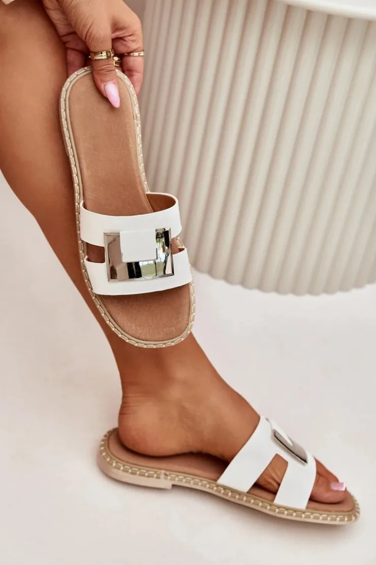 Clearance Artiker Klapki Damskie Płaskie Z Ozdobnym Detalem 56C1334 Białe Biały