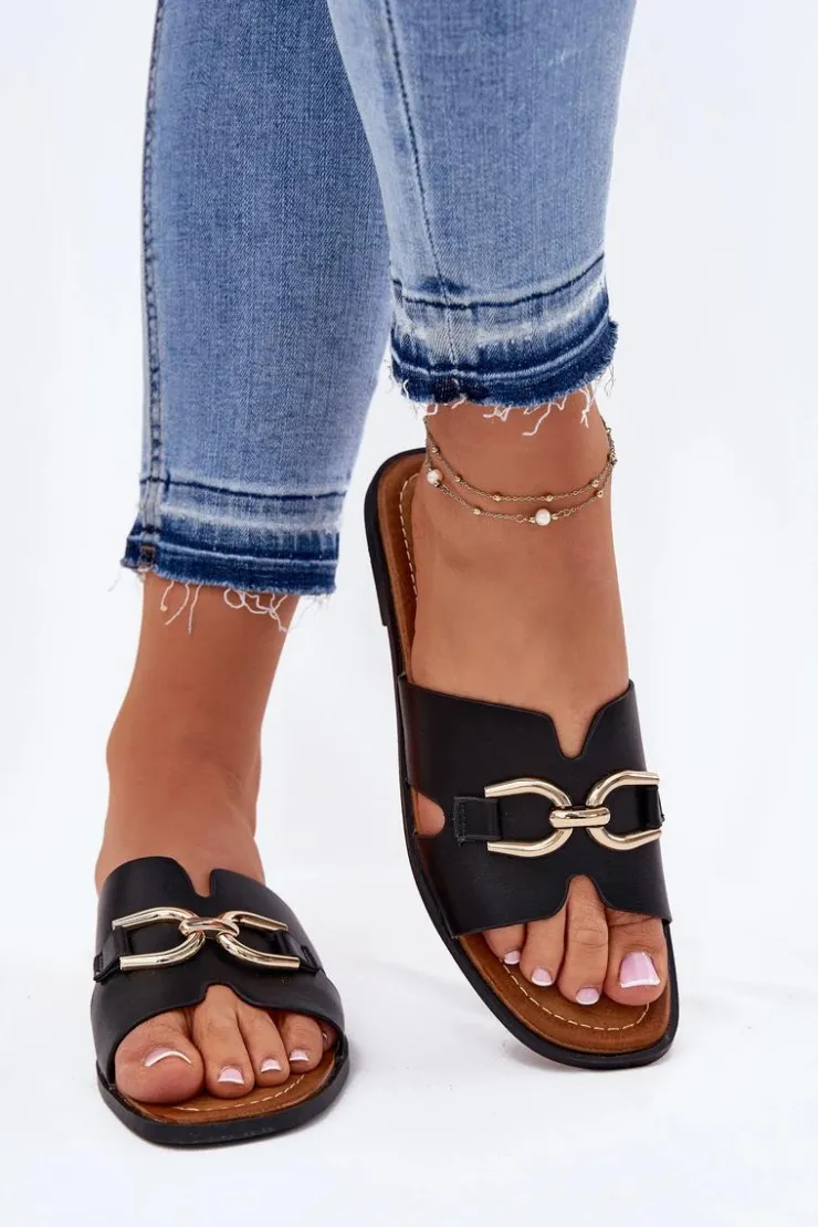 Clearance Evento Klapki Damskie Płaskie Z Ozdobnym Detalem Czarne Amiresna Czarny