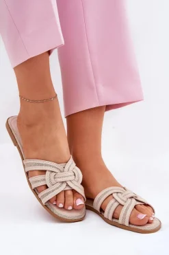 Best Boto Klapki Damskie Płaskie Z Przeplatającymi Się Paskami Beżowe Acimine Beżowy