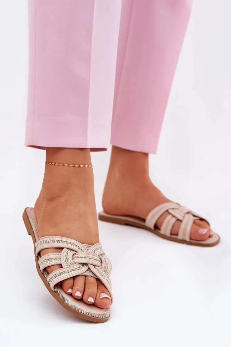 Best Boto Klapki Damskie Płaskie Z Przeplatającymi Się Paskami Beżowe Acimine Beżowy