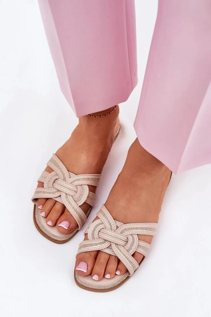 Best Boto Klapki Damskie Płaskie Z Przeplatającymi Się Paskami Beżowe Acimine Beżowy