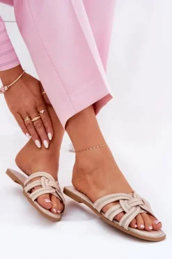 Best Boto Klapki Damskie Płaskie Z Przeplatającymi Się Paskami Beżowe Acimine Beżowy