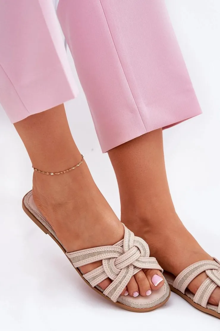 Best Boto Klapki Damskie Płaskie Z Przeplatającymi Się Paskami Beżowe Acimine Beżowy