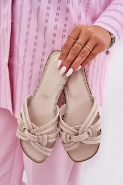 Best Boto Klapki Damskie Płaskie Z Przeplatającymi Się Paskami Beżowe Acimine Beżowy