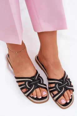 Damskie Boto Klapki Damskie Płaskie Z Przeplatającymi Się Paskami Czarne Acimine