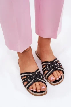 Damskie Boto Klapki Damskie Płaskie Z Przeplatającymi Się Paskami Czarne Acimine