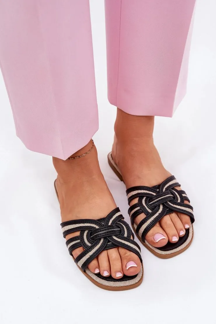 Damskie Boto Klapki Damskie Płaskie Z Przeplatającymi Się Paskami Czarne Acimine