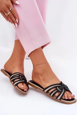 Damskie Boto Klapki Damskie Płaskie Z Przeplatającymi Się Paskami Czarne Acimine