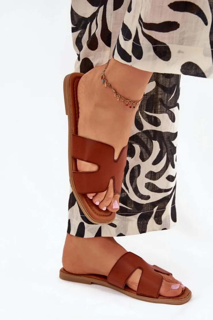 Boto Klapki Damskie Klasyczne*Klapki Damskie Płaskie Z Wycięciami Camel Salyra Brązowy