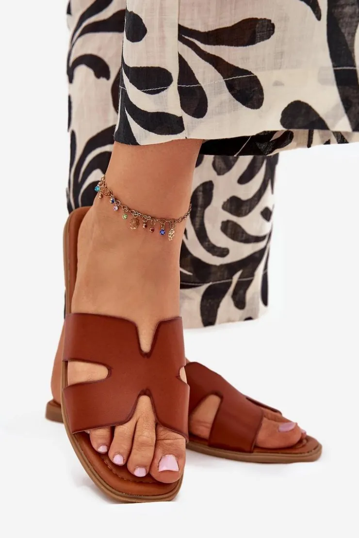 Boto Klapki Damskie Klasyczne*Klapki Damskie Płaskie Z Wycięciami Camel Salyra Brązowy