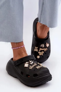 Damskie Boto Klapki Damskie Piankowe Lekkie Na Grubej Podeszwie Z Przypinkami Czarne Effiora