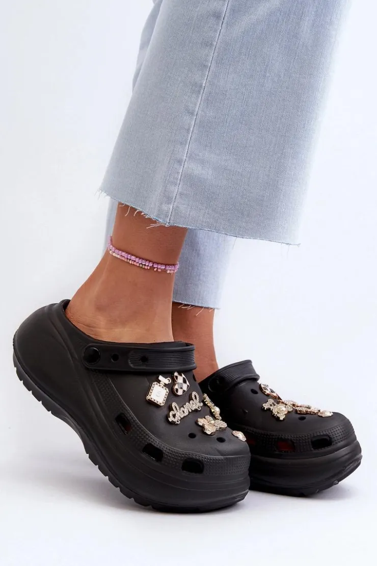 Damskie Boto Klapki Damskie Piankowe Lekkie Na Grubej Podeszwie Z Przypinkami Czarne Effiora