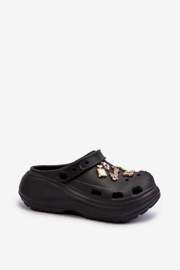 Damskie Boto Klapki Damskie Piankowe Lekkie Na Grubej Podeszwie Z Przypinkami Czarne Effiora