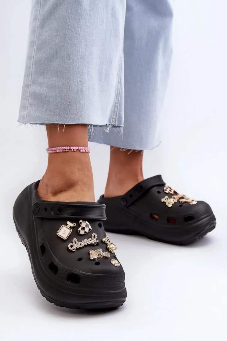 Damskie Boto Klapki Damskie Piankowe Lekkie Na Grubej Podeszwie Z Przypinkami Czarne Effiora