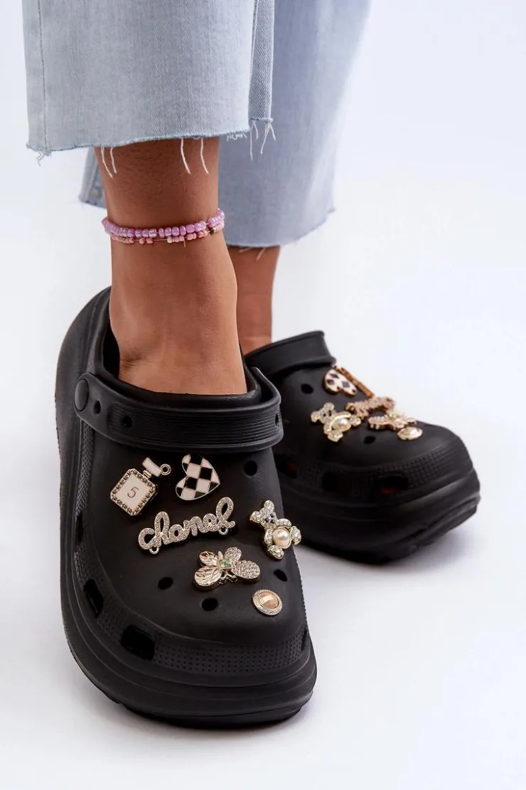 Damskie Boto Klapki Damskie Piankowe Lekkie Na Grubej Podeszwie Z Przypinkami Czarne Effiora