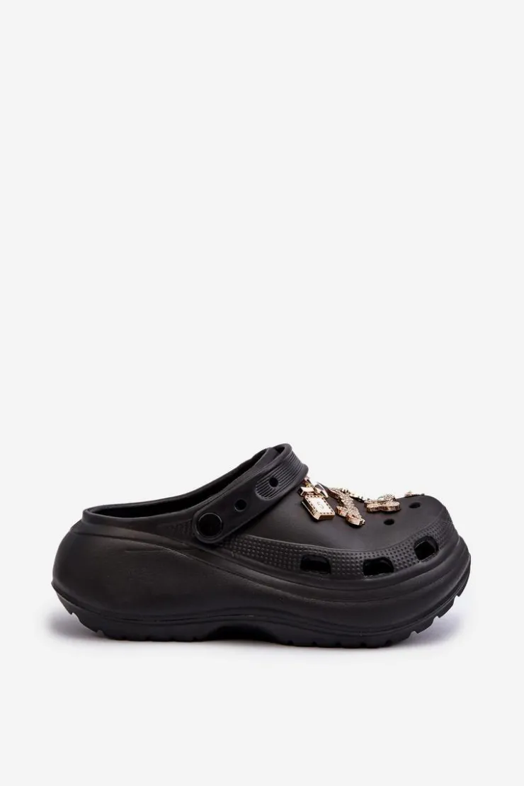 Damskie Boto Klapki Damskie Piankowe Lekkie Na Grubej Podeszwie Z Przypinkami Czarne Effiora