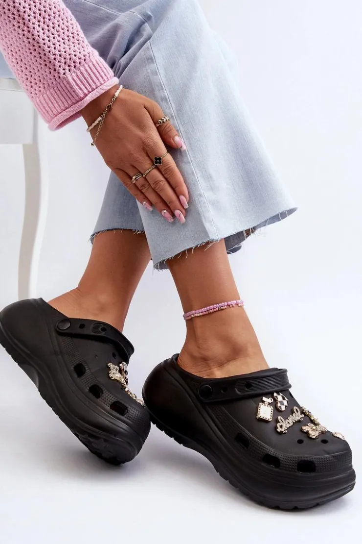 Damskie Boto Klapki Damskie Piankowe Lekkie Na Grubej Podeszwie Z Przypinkami Czarne Effiora