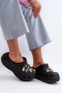 Damskie Boto Klapki Damskie Piankowe Lekkie Na Grubej Podeszwie Z Przypinkami Czarne Effiora