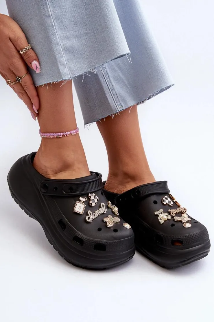 Damskie Boto Klapki Damskie Piankowe Lekkie Na Grubej Podeszwie Z Przypinkami Czarne Effiora