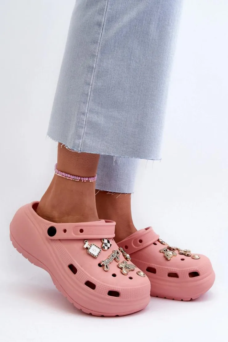 Sale Boto Klapki Damskie Piankowe Lekkie Na Grubej Podeszwie Z Przypinkami Różowe Effiora