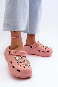 Sale Boto Klapki Damskie Piankowe Lekkie Na Grubej Podeszwie Z Przypinkami Różowe Effiora