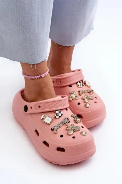 Sale Boto Klapki Damskie Piankowe Lekkie Na Grubej Podeszwie Z Przypinkami Różowe Effiora