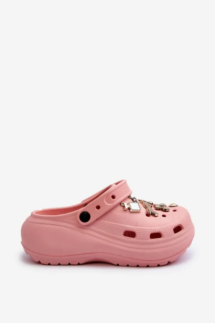 Sale Boto Klapki Damskie Piankowe Lekkie Na Grubej Podeszwie Z Przypinkami Różowe Effiora