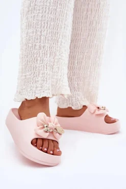 Damskie Boto Klapki Damskie Piankowe Na Platformie Z Kokardką I Broszką Różowe Marlize