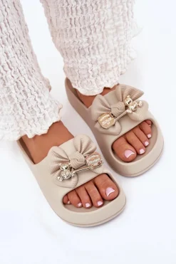 Boto Klapki Basenowe|Klapki Na Platformie*Klapki Damskie Piankowe Na Platformie Z Kokardką I Broszką Ciemnobeżowe Marlize