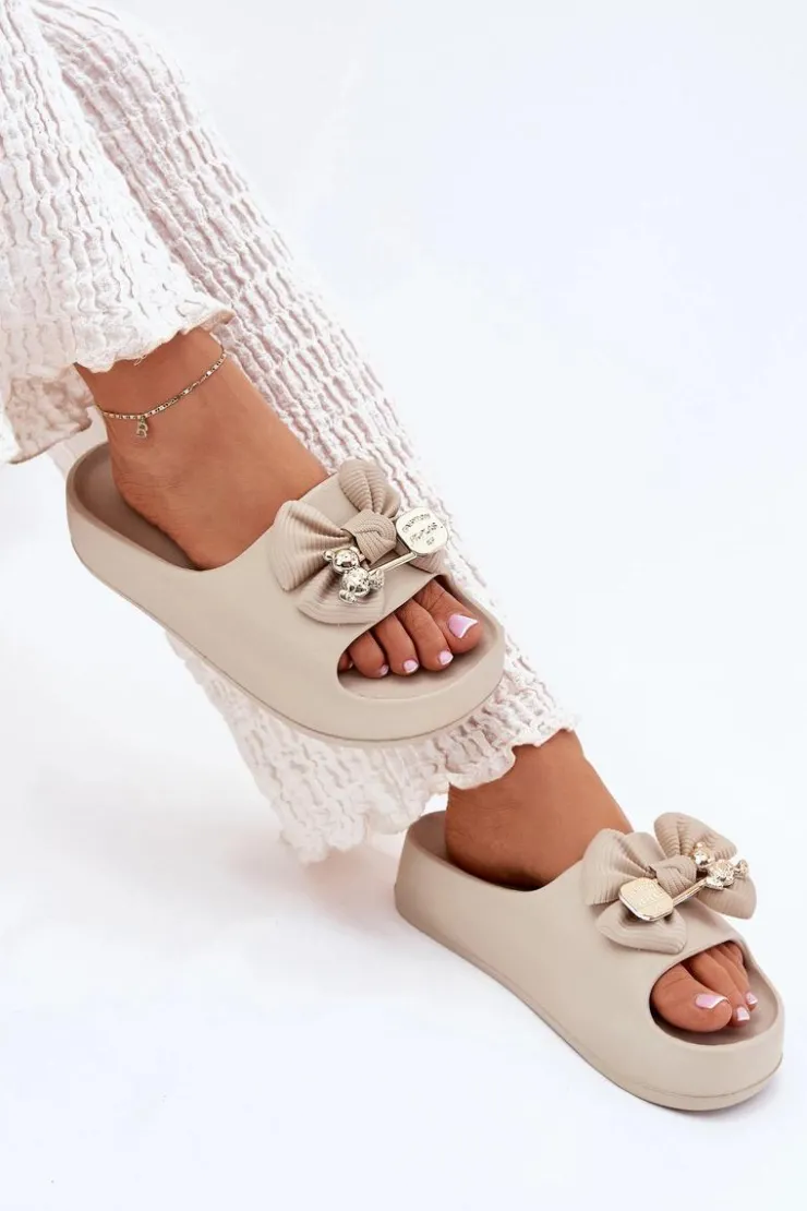 Boto Klapki Basenowe|Klapki Na Platformie*Klapki Damskie Piankowe Na Platformie Z Kokardką I Broszką Ciemnobeżowe Marlize