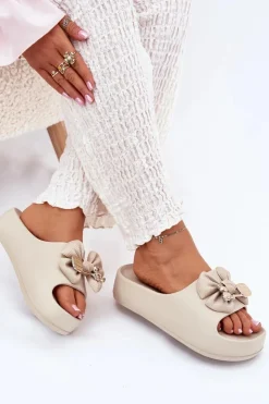 Boto Klapki Basenowe|Klapki Na Platformie*Klapki Damskie Piankowe Na Platformie Z Kokardką I Broszką Ciemnobeżowe Marlize