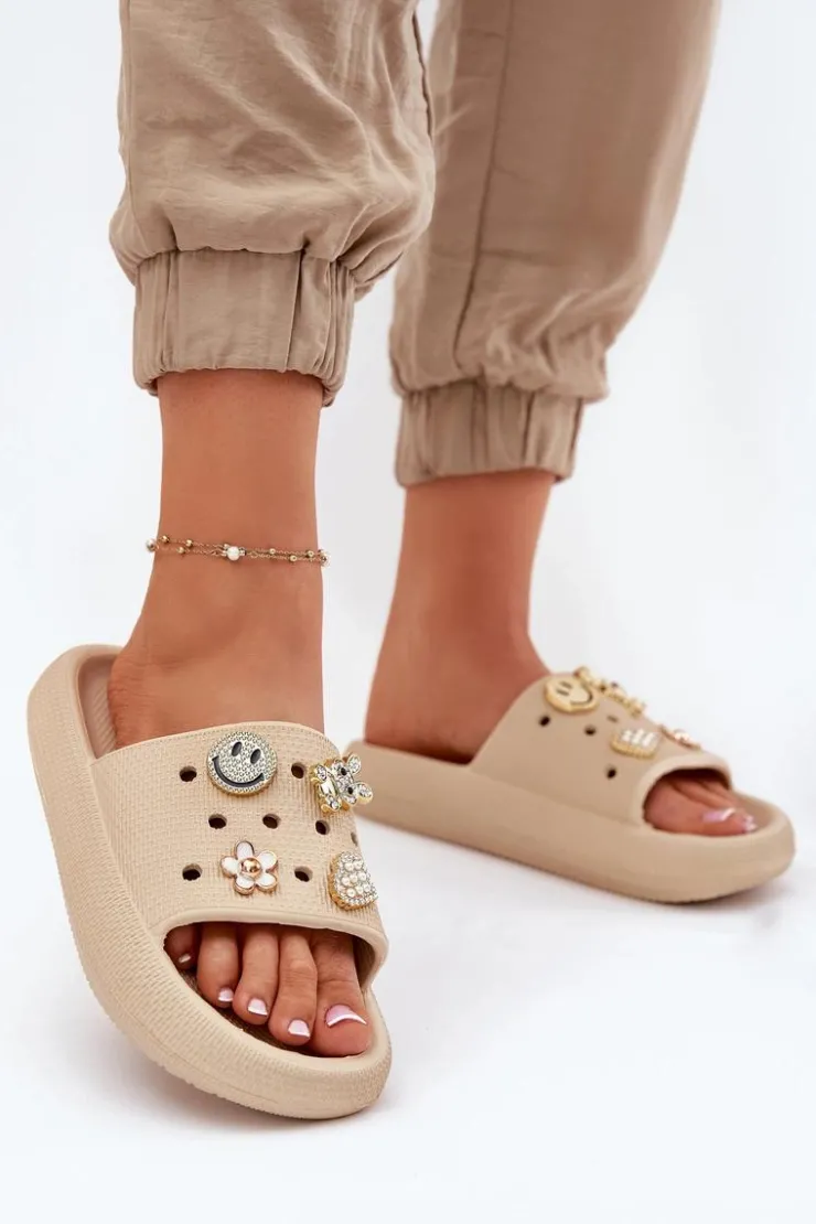 Hot Buty damskie Vinceza Klapki Damskie Piankowe Z Przypinkami Vinceza 76055 Beżowe Beżowy