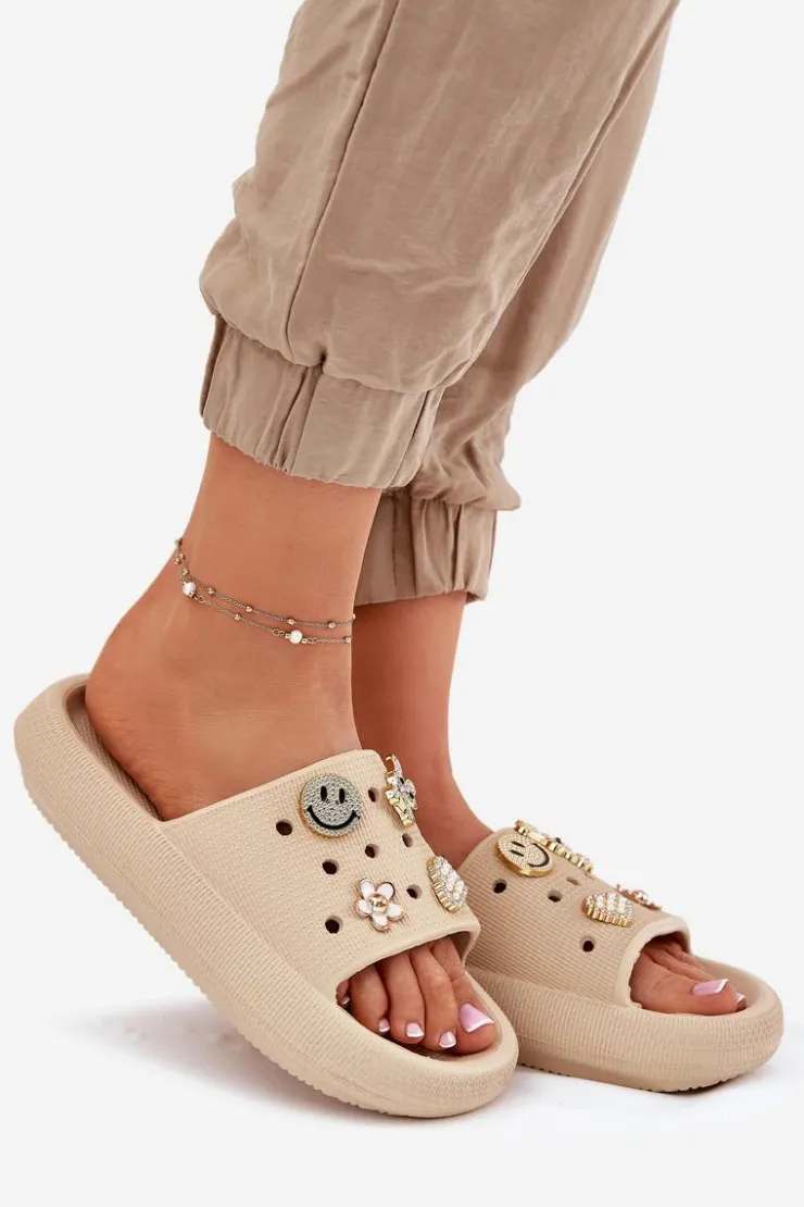 Hot Buty damskie Vinceza Klapki Damskie Piankowe Z Przypinkami Vinceza 76055 Beżowe Beżowy