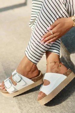 Best Lee Cooper Klapki Damskie Platformie Z Klamrami LCW-25-35-3496L Białe