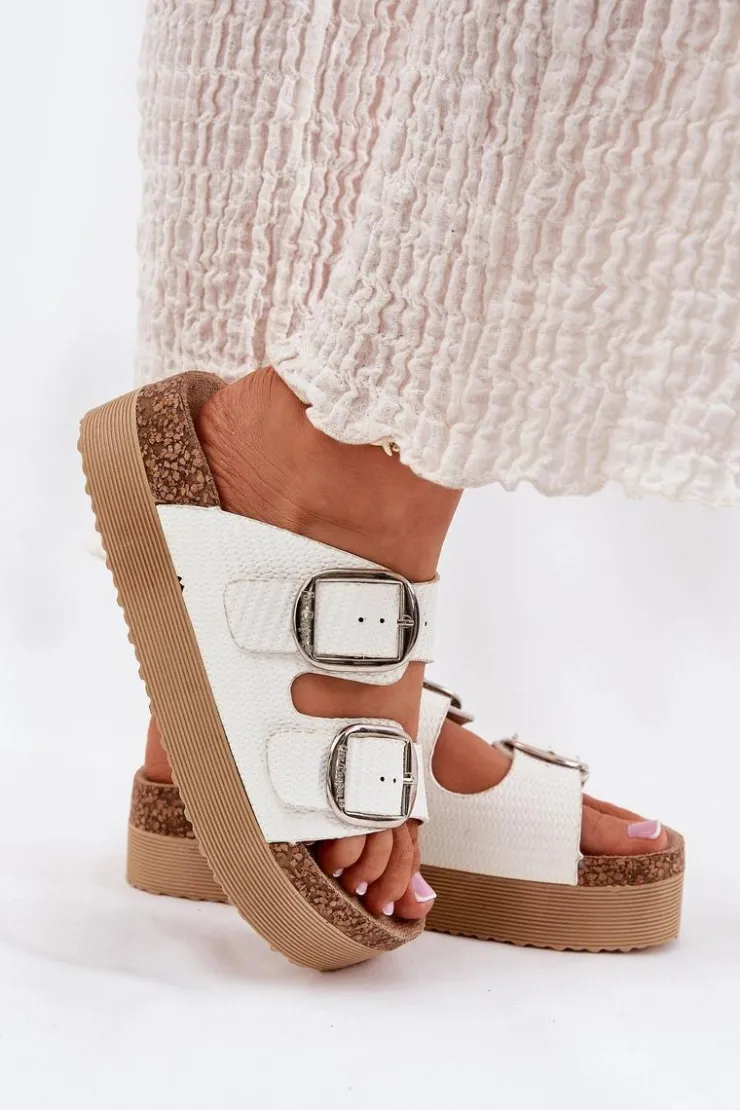 Best Lee Cooper Klapki Damskie Platformie Z Klamrami LCW-25-35-3496L Białe