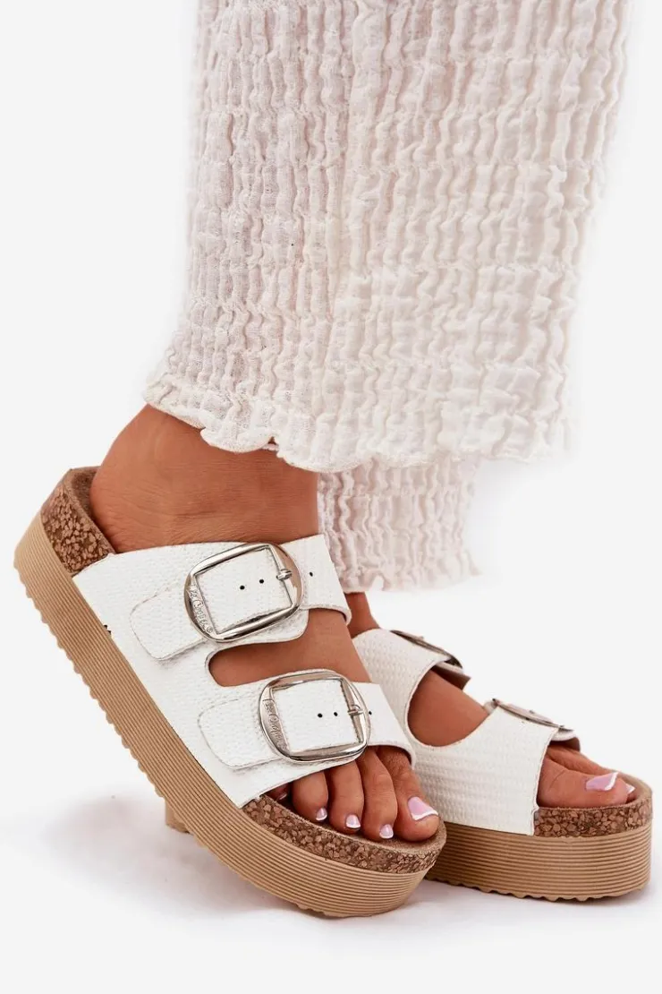 Best Lee Cooper Klapki Damskie Platformie Z Klamrami LCW-25-35-3496L Białe