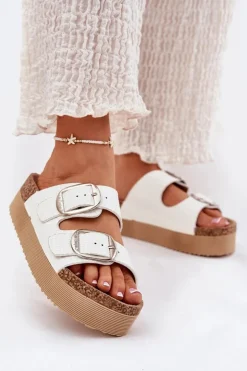 Best Lee Cooper Klapki Damskie Platformie Z Klamrami LCW-25-35-3496L Białe