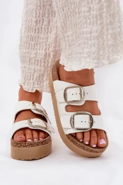 Best Lee Cooper Klapki Damskie Platformie Z Klamrami LCW-25-35-3496L Białe