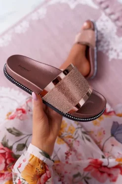 Discount Boto Klapki Damskie Profilowane Z Cyrkoniami Champagne Rentre