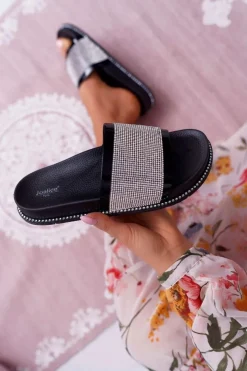 Boto Klapki Sportowe|Klapki Damskie Klasyczne*Klapki Damskie Profilowane Z Cyrkoniami Czarne Rentre