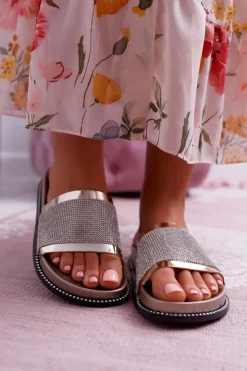 Damskie Boto Klapki Damskie Profilowane Z Cyrkoniami Złote Rentre