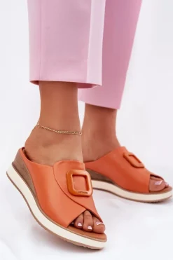 Artiker Klapki Na Koturnie|Klapki Damskie Klasyczne*Klapki Damskie Skórzane Na Koturnie 56C2149 Pomarańczowe