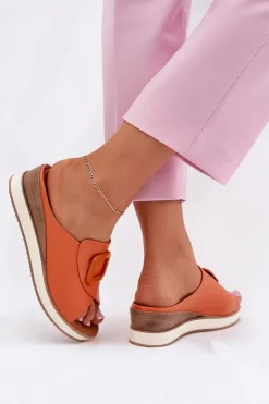 Artiker Klapki Na Koturnie|Klapki Damskie Klasyczne*Klapki Damskie Skórzane Na Koturnie 56C2149 Pomarańczowe