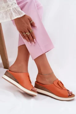 Artiker Klapki Na Koturnie|Klapki Damskie Klasyczne*Klapki Damskie Skórzane Na Koturnie 56C2149 Pomarańczowe