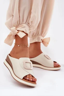 Artiker Klapki Na Koturnie|Klapki Damskie Klasyczne*Klapki Damskie Skórzane Na Koturnie 56C2145 Jasnobeżowe