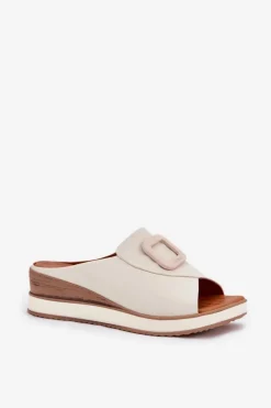 Artiker Klapki Na Koturnie|Klapki Damskie Klasyczne*Klapki Damskie Skórzane Na Koturnie 56C2145 Jasnobeżowe