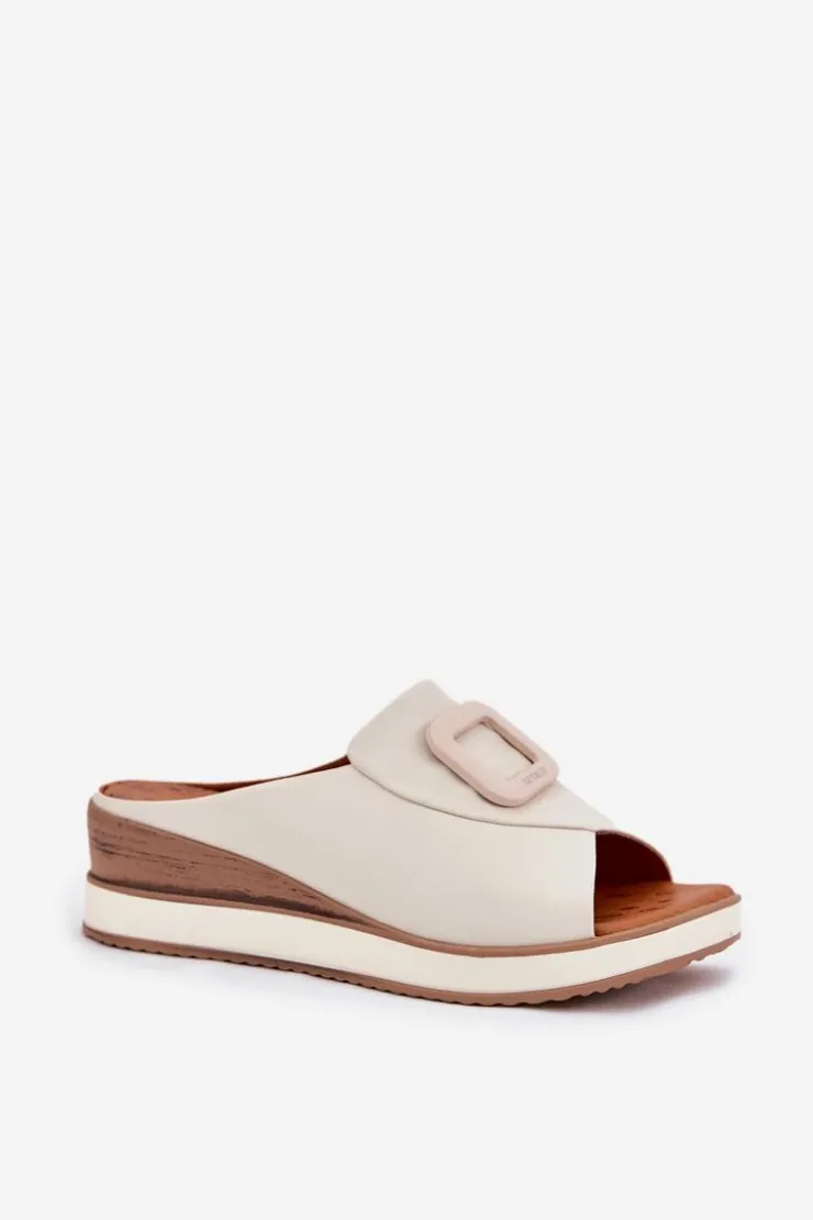 Artiker Klapki Na Koturnie|Klapki Damskie Klasyczne*Klapki Damskie Skórzane Na Koturnie 56C2145 Jasnobeżowe