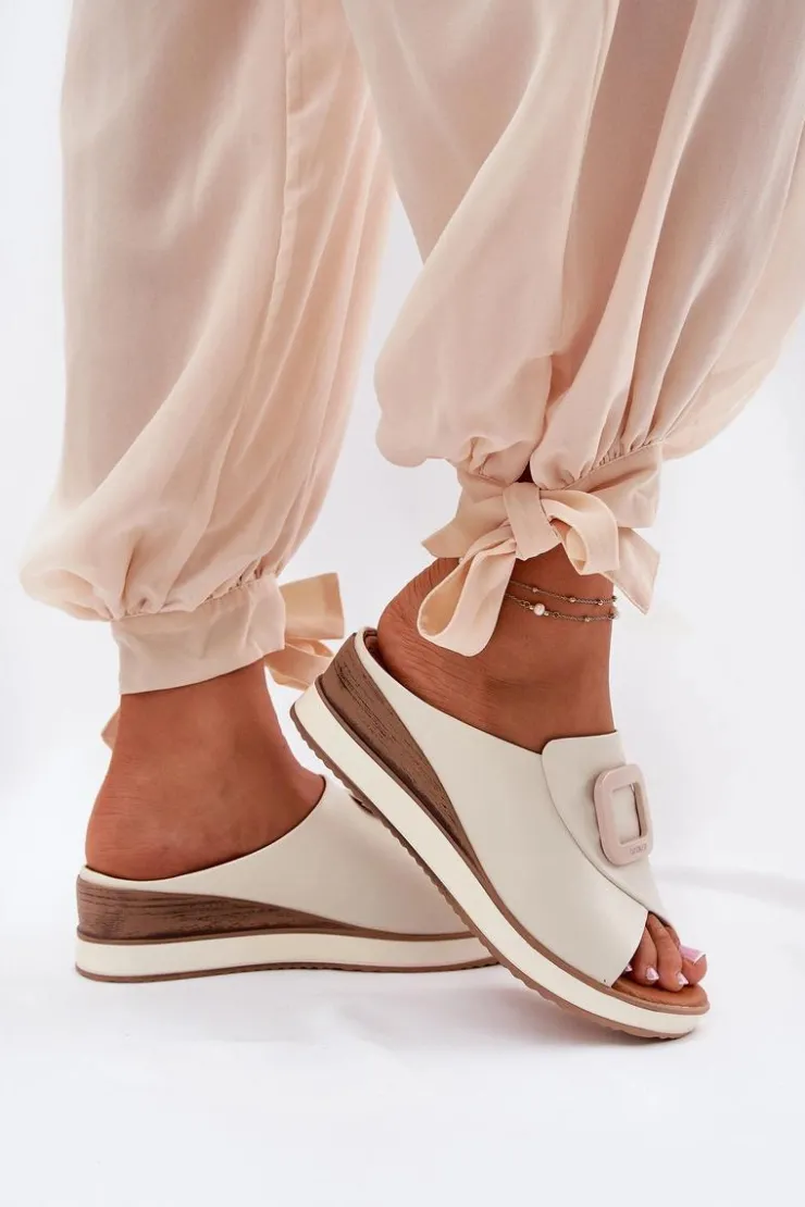 Artiker Klapki Na Koturnie|Klapki Damskie Klasyczne*Klapki Damskie Skórzane Na Koturnie 56C2145 Jasnobeżowe