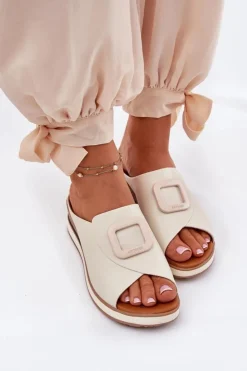 Artiker Klapki Na Koturnie|Klapki Damskie Klasyczne*Klapki Damskie Skórzane Na Koturnie 56C2145 Jasnobeżowe