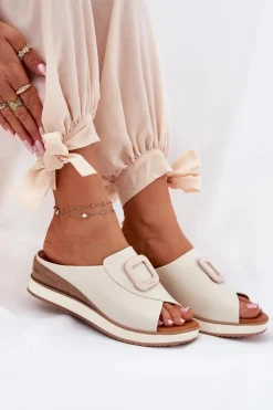 Artiker Klapki Na Koturnie|Klapki Damskie Klasyczne*Klapki Damskie Skórzane Na Koturnie 56C2145 Jasnobeżowe